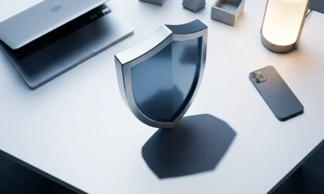 Metalen schild op wit bureau naast laptop en smartphone, overhead weergave met scherpe geometrische schaduw