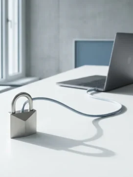 Zilveren hangslot met geometrische facetten verbonden via ethernetkabel met laptop op wit bureau