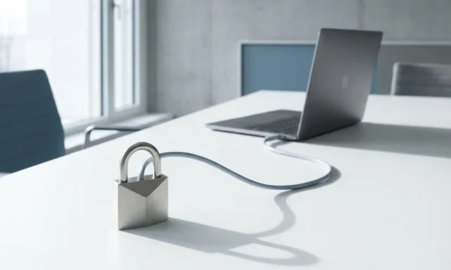 Zilveren hangslot met geometrische facetten verbonden via ethernetkabel met laptop op wit bureau