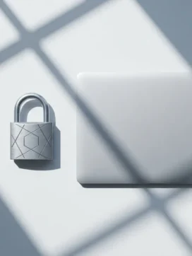 Zilveren hangslot met geometrische patronen naast moderne laptop op witte minimalistische bureau met scherpe schaduwen