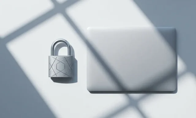 Zilveren hangslot met geometrische patronen naast moderne laptop op witte minimalistische bureau met scherpe schaduwen