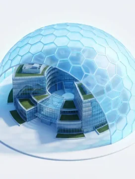 Modern kantoorgebouw omgeven door gloeiend blauw hexagonaal schild dat toekomstgerichte bescherming symboliseert
