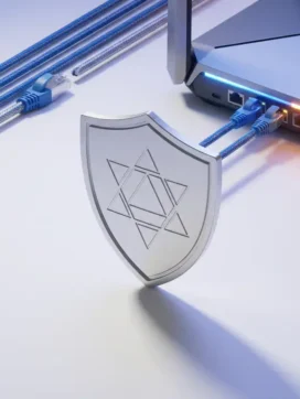 Metalen schild met geometrische patronen op wit bureau naast georganiseerde ethernetkabels en moderne router