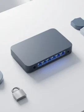 Draadloze router met verlichte ethernet-poorten op witte bureau, omringd door minimalistische beveiligingselementen zoals slot en schildvormen