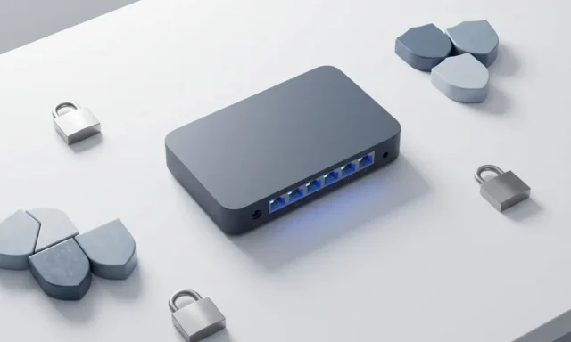 Draadloze router met verlichte ethernet-poorten op witte bureau, omringd door minimalistische beveiligingselementen zoals slot en schildvormen