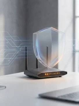Draadloze router met amberkleurige verbindingslampjes op wit bureau, beschermend schild eromheen in modern kantoor