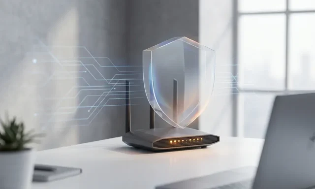 Draadloze router met amberkleurige verbindingslampjes op wit bureau, beschermend schild eromheen in modern kantoor