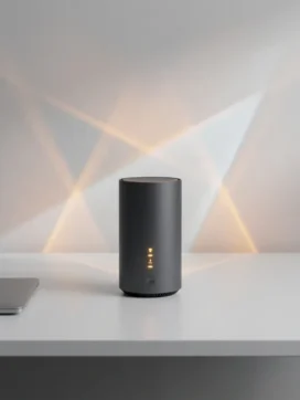 Draadloze router met gloeiende LED-indicatoren op wit bureau in moderne kantoorruimte met laptop en geometrische lichtpatronen