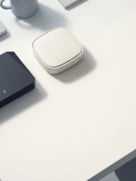 Moderne draadloze router met geometrische lijnen naast eenvoudige thuisrouter op wit bureau in minimalistische kantooromgeving