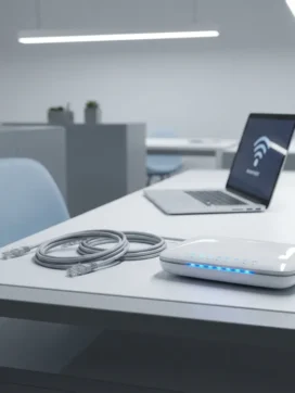 Draadloze router met verlichte indicatoren op wit bureau naast laptop met netwerkverbindingspictogrammen
