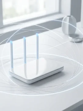 Witte draadloze router met drie antennes op bureau, zilveren datastromen en geometrische patronen in moderne kantooromgeving