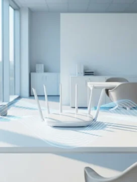 Witte draadloze router met antennes op minimalistische bureau in modern Nederlands kantoor met natuurlijk daglicht