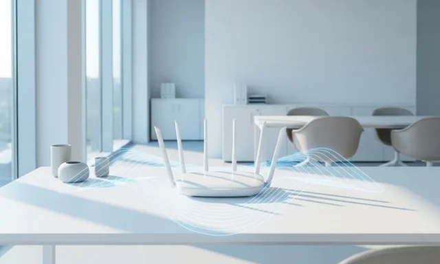 Witte draadloze router met antennes op minimalistische bureau in modern Nederlands kantoor met natuurlijk daglicht