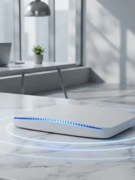 Witte draadloze router met blauwe LED-indicatoren op marmeren bureau, Wi-Fi signaalcirkels uitstralend in moderne kantooromgeving