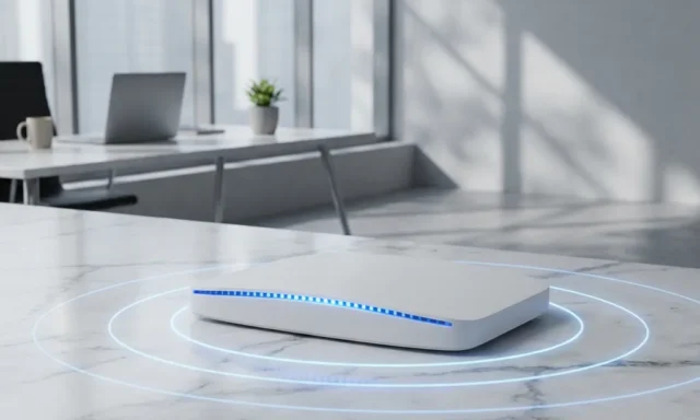 Witte draadloze router met blauwe LED-indicatoren op marmeren bureau, Wi-Fi signaalcirkels uitstralend in moderne kantooromgeving