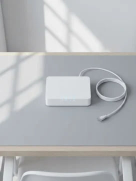 Witte draadloze router met blauwe LED-indicatoren op moderne bureau met ethernet kabel en geometrische schaduwen