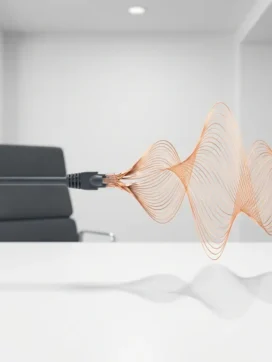 Ethernet-kabel die overgaat in draadloze signaalpatronen boven een wit bureau in modern kantoor