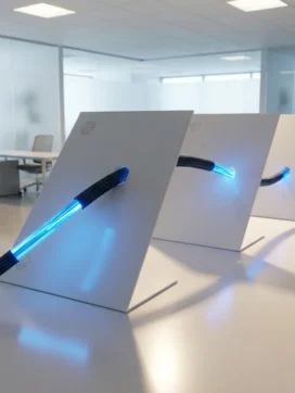 Ethernetkabel met gloeiende vezeloptische kern kronkelt door witte geometrische barrières met zeshoekige uitsnedes