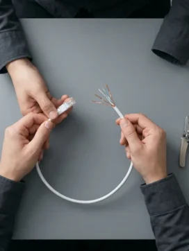 IT-consultant onderzoekt witte ethernet-kabel met blootliggende koperen draden op moderne werkplek