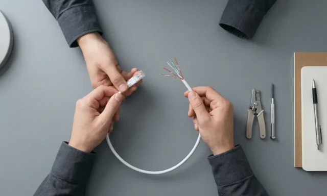 IT-consultant onderzoekt witte ethernet-kabel met blootliggende koperen draden op moderne werkplek