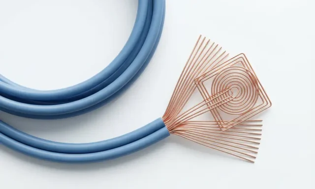Ethernet kabel met blootliggende koperen draden in geometrische patronen op witte ondergrond, bovenaanzicht