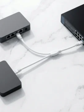 Witte ethernetkabel splitst naar grijze router en zwarte enterprise switch op marmeren oppervlak
