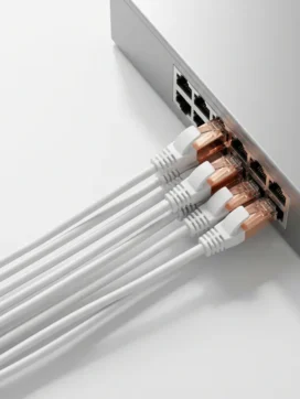 Witte ethernetkabels met koperen connectoren worden nauwkeurig aangesloten op een moderne netwerkswitch