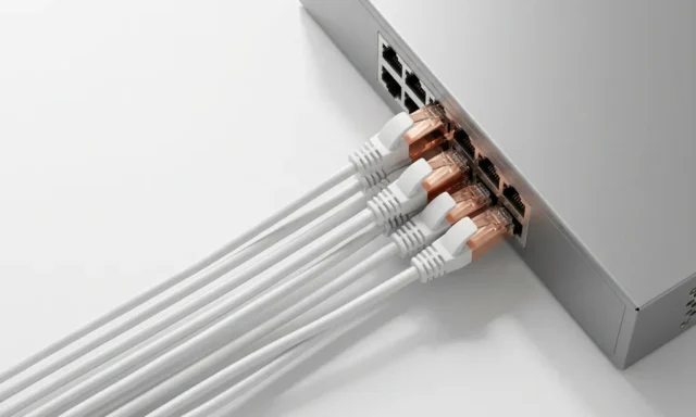 Witte ethernetkabels met koperen connectoren worden nauwkeurig aangesloten op een moderne netwerkswitch