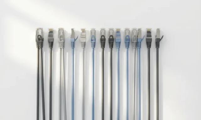 Kleurrijke ethernet kabels met RJ45 connectoren gerangschikt in parallelle lijnen op witte ondergrond, minimalistisch bovenaanzicht