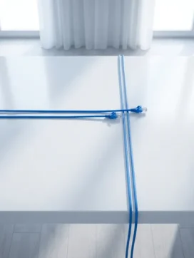 Twee blauwe ethernet kabels kruisen elkaar op witte conferentietafel in minimalistische vergaderruimte
