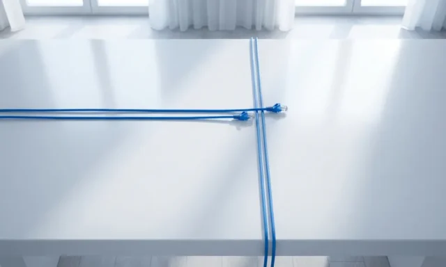 Twee blauwe ethernet kabels kruisen elkaar op witte conferentietafel in minimalistische vergaderruimte