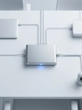 Stalen firewall-apparaat op wit bureau omringd door laptop, router en beveiligingscamera met blauwe LED-verlichting