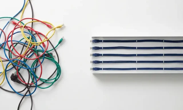 Rommelige kleurrijke ethernetkabels en stroomkabels op wit bureau naast georganiseerde kabelgoot met nette parallelle lijnen