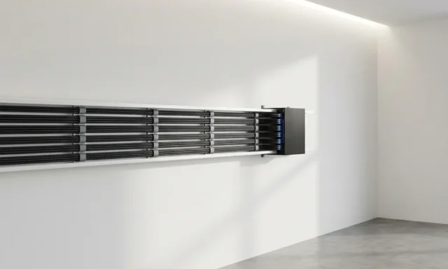 Georganiseerd kabelbeheersysteem met zwarte ethernet-kabels in parallelle lijnen naar netwerkswitch met blauwe LED's