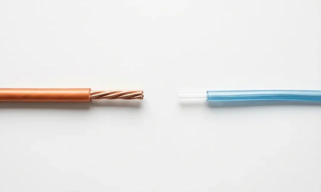 Koperen kabel en glasvezelkabel liggen parallel op witte ondergrond, met zichtbare gedraaide draden en transparante glasvezelkern