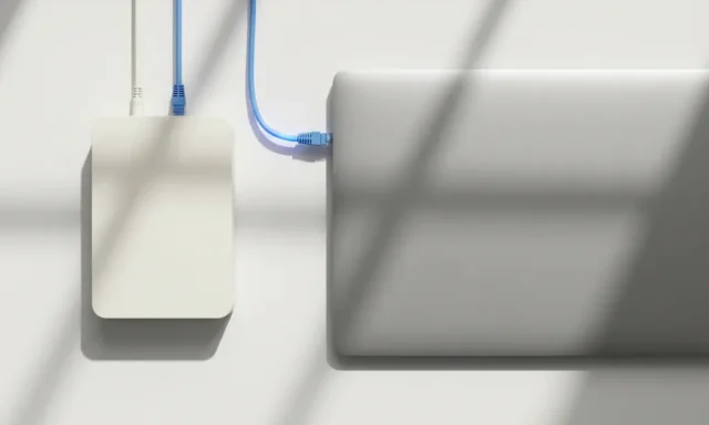 Laptop verbonden met witte router via ethernet kabel op wit bureau met zachte schaduwen en minimalistisch design