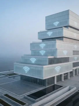 Modern kantoorgebouw met geometrische lagen en Wi-Fi signaalpatronen in glazen gevels tegen zachte hemel