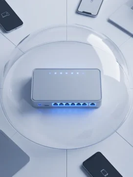 Netwerkrouter met gloeiende ethernetpoorten onder transparante koepelbarrière, smartphones en laptops buitengesloten op wit bureau