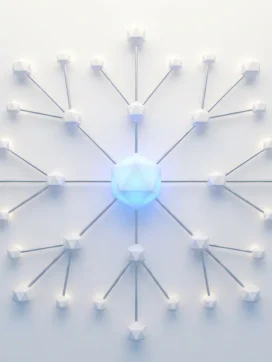 Wit geometrisch netwerkdiagram met centrale blauwe hub en symmetrische knooppunten verbonden door zilveren lijnen op bureau