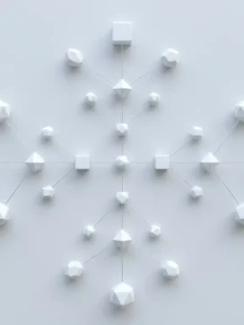 Witte geometrische knooppunten verbonden door zilveren lijnen in symmetrisch netwerk op lichtgrijze ondergrond