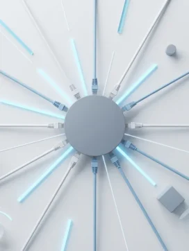 Netwerkhub met ethernet kabels in symmetrische opstelling op wit bureau, omringd door minimalistische geometrische vormen