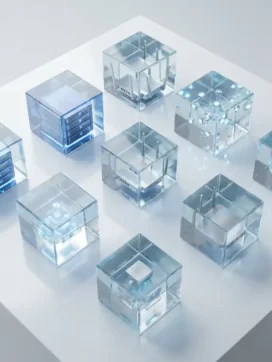 Transparante glazen kubussen met gloeiende netwerkservers, routers en verbindingsknooppunten in blauw en zilver licht
