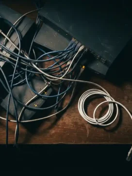 Chaotische massa van verstrengelde ethernet kabels en netwerkapparatuur op donkere houten bureau met enkele witte kabel