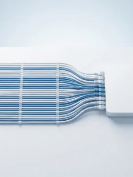 Georganiseerde witte en blauwe netwerkkabels die netjes in een moderne router vloeien op een schone witte ondergrond