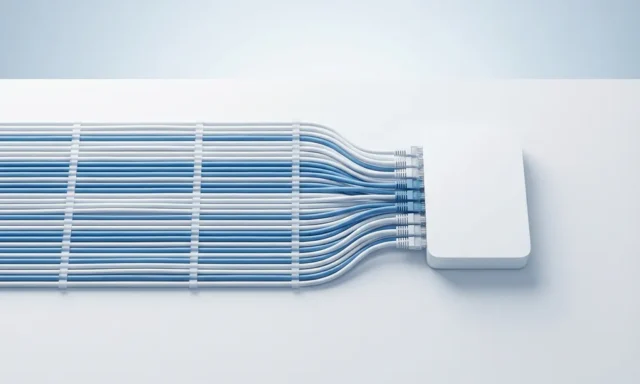 Georganiseerde witte en blauwe netwerkkabels die netjes in een moderne router vloeien op een schone witte ondergrond