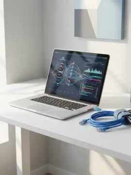 Netwerkbeheerder's laptop toont kleurrijke monitoring grafieken op wit bureau met ethernet kabels in modern kantoor