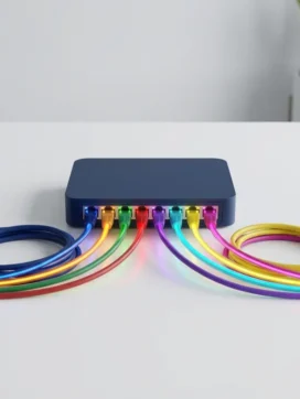 Netwerkrouter met gekleurde ethernet-kabels op wit bureau, elke kabel verlicht met LED-lampjes in moderne kantooromgeving