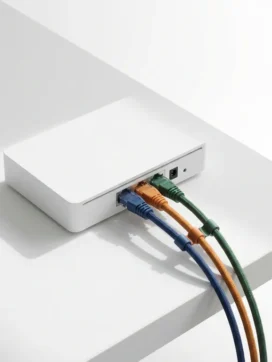 Netwerkrouter met blauwe, oranje en groene ethernetkabels op wit bureau, bovenaanzicht met zachte belichting