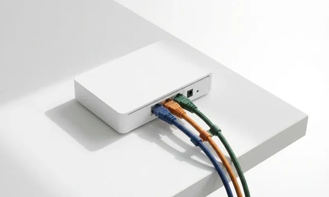 Netwerkrouter met blauwe, oranje en groene ethernetkabels op wit bureau, bovenaanzicht met zachte belichting