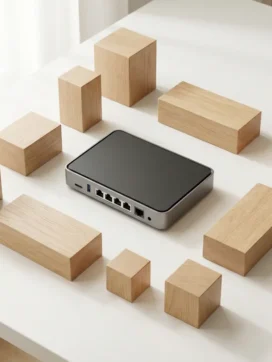Netwerkrouter op wit bureau omringd door houten blokken die organisatieafdelingen voorstellen in minimalistisch ontwerp